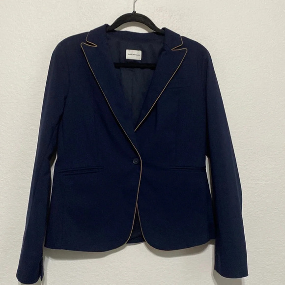 Club Monaco Navy Blue Taupe Trim Pocket Long Sleeve One Button Piping Blazer - Picture 1 of 10